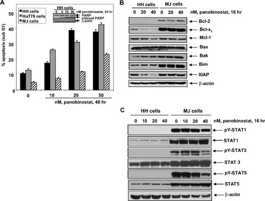 Figure 1. Effect of panobinostat on apoptosis regulators and apoptosis in cultured CTCL cells. (A) HH, HuT78, and MJ cells were treated with the indicated concentrations of panobinostat for 48 hours. Then, apoptosis was determined by flow cytometry. Columns represent mean of 3 experiments; bars, SEM. Inset: Representative Western blot of PARP cleavage from HH cells. (B) HH and MJ cells were treated with the indicated concentrations of panobinostat for 16 hours. Following this, cell lysates were prepared and immunoblot analysis was done for Bcl-2, Bcl-XL, Mcl-1, Bax, Bak, Bim, and XIAP. The levels of β-actin in the lysates served as the loading control. (C) HH and MJ cells were treated with the indicated concentrations of panobinostat for 16 hours. Following this, total cell lysates were prepared and immunoblot analysis was done for tyrosine-phosphorylated STAT1, STAT3, and STAT5. Blots were stripped and reprobed for total levels of STAT1, STAT3, and STAT5. The expression of β-actin in the lysates served as the loading control.