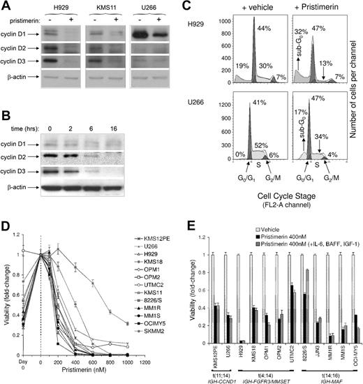 Figure 2. Effects of pristimerin on cyclin D1, D2, and D3 protein expression, cell-cycle progression, and viability of human myeloma cell lines. (A) Immunoblot showing suppression of cyclins D1, D2, and D3 by pristimerin (500 nM) at 14 hours in H929, KMS11, and U266 human myeloma cells. Pristimerin effects are compared with DMSO vehicle. (B) Temporal course of cyclin D1, D2, and D3 suppression in H929 following pristimerin (500 nM) exposure, showing significant suppression by 6 hours, increasing to 16 hours. (C) Cell-cycle profiles of H929 and U266 cells grown in standard media and treated with vehicle or pristimerin (500 nM) at 16 hours. Major left and right peaks represent G0/G1 and G2/M phases, respectively. Pristimerin causes expansion of a sub-G0 fraction, corresponding to apoptotic cells. Similar results were obtained with duplicate experiments. (D) Inhibition of heterogeneous myeloma cell lines by titrated pristimerin, assessed by MTT assay at 72 hours. Results at each concentration represent the mean of triplicate wells ± SEM. At the left of the dashed line, the background proliferative activity of each cell line is presented, with MTT results shown for cells at day 0 and for untreated cells at assay completion (0 nM). The median IC50 of pristimerin against myeloma cell lines is approximately 200 nM. (E) Myeloma growth cytokines IL-6 (10 ng/mL), IGF-1 (100 ng/mL), and Baff (25 ng/mL) fail to rescue cells from pristimerin. Viability was assessed by MTT assay at 72 hours. Error bars represent the standard deviation of triplicate assay results.