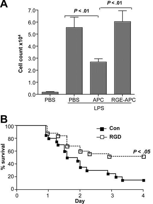 Figure 4. The RGD sequence of rhAPC is critical for inhibition of neutrophil migration in vivo. (A) Neutrophil counts in BALF from LPS-treated mice. Mice were given rhAPC or RGE-APC (10 μg/mouse) or PBS 2 hours after LPS treatment. Results are expressed as mean (± SEM); n = 5 per group. (B) Survival curves for mice (C57BL/6, male, 6-8 weeks) challenged with an LD90 of LPS; 200 μg of the RGD peptide or the control (RAD) peptide was given via intravenous injection before receiving 37 to 40 mg/kg LPS intraperitoneally (n = 15-25 per group). The statistical significance of mortality was determined by the Kaplan-Meier log-rank test.