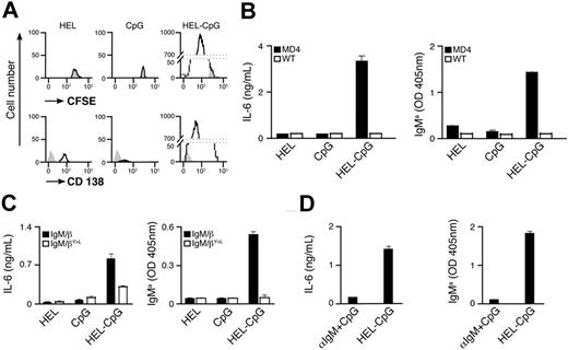 Figure 2. BCR-mediated uptake of particulate Ag-CpG gives rise to B-cell proliferation and PC differentiation in vitro. (A,B) CFSE-labeled B cells were stimulated with 1 μL particulate HEL alone, particulate CpG alone, or particulate HEL-CpG for 72 hours. (A) Flow cytometry was used to measure proliferation by CFSE dilution (top panel) and CD138 up-regulation (bottom panel) in stimulated (black line) and unstimulated (gray filled) MD4 B cells; (B) IL-6 (left panel) and IgMa (right panel) secretion by WT and MD4 B cells were determined by ELISA. (C) MD4 B cells expressing the chimeric BCRs IgM/β or IgM/βY<L were stimulated with 1 μL particulate HEL alone, particulate CpG alone, or particulate HEL-CpG for 72 hours. IL-6 (left panel) and IgMa (right panel) secretion were determined by ELISA. (D) MD4 B cells were stimulated with either a mixture of 1 μL particulate CpG and 5 μg soluble anti-IgM (αIgM + CpG) or 1 μL particulate HEL-CpG (HEL-CpG) for 72 hours. IL-6 (left panel) and IgMa (right panel) secretion were determined by ELISA. Values represent the mean (± SD) from triplicate samples.
