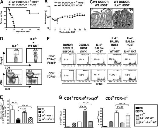 Figure 5. Host IL-4 is required for protection against GVHD, NKT-cell regulatory activity, and proliferation of donor Tregs after transplantation. (A) Wild-type (WT) versus IL-4−/− BALB/c host survival after TLI/ATS, followed by transplantation of 50 × 106 bone marrow and 60 × 106 splenocytes from wild-type C57BL/6 donors (IL-4−/−, n = 10; WT, n = 7). Each group represents survival combined from 2 to 3 separate experiments. (B) Mean body weight (± SE) at serial time points after transplantation in hosts shown in panel A. + indicates analysis was stopped when 2 hosts remained in the group. (C) Microscopic examination of hematoxylin/eosin-stained sections of colon at day 6 in one representative host from each group shown in panels A,B. IL-4−/− BALB/c host given TLI/ATS with WT donor cells shows evidence of inflammatory infiltrate (*) in colonic crypts and multiple areas of apoptotic crypt nuclei (→). WT BALB/c host given TLI/ATS conditioning with WT donor cells shows normal appearance. Specimens shown are at ×300 final magnification. (D) Representative FACS analyses of CD4 versus intracellular Foxp3 staining of gated H-2Kb+CD4+ splenocytes (top panels) and CD4 versus CD8 staining of gated H-2Kb+TCRαβ+ splenocytes (bottom panels) 6 days after transplantation of untreated donor cells into TLI/ATS-treated IL-4−/− BALB/c hosts with and without injections of 0.5 × 106 sorted wild-type BALB/c NKT cells. NKT cells were injected 4 hours before donor cell transplantation. (E) Mean (± SE; ×105) absolute number of H-2Kb+CD4+CD25+Foxp3+ cells isolated from spleen at day 6 from groups of transplanted BALB/c hosts from Figure 3D. n = 4-6 per group. Values for additional control wild-type BALB/c hosts given untreated donor cell transplants are shown for comparison (n = 5). (F) Representative histograms from 1 of 2 to 3 similar experiments showing CFSE-staining intensity versus cell number for gated CD45.1+CD4+TCRαβ+Foxp3+ cells and CD45.1+CD8+TCRαβ+ cells from the pretransplant donor cell inoculum (DONOR C57BL/6 (PRE)) and cells isolated from spleen of transplanted TLI/ATS-conditioned hosts at day 6. SYN, Wild-type CD45.2 C57BL/6 TLI/ATS-conditioned hosts given C57BL/6 CD45.1+ splenocytes and CD45.2+ marrow cells; IL-4−/− CD45.2 BALB/c TLI/ATS-conditioned hosts were given no NKT cells (IL-4−/− BALB/c HOST), 0.5 × 106 sorted wild-type BALB/c NKT cells (IL-4−/− BALB/c HOST + WT NKT), or 0.5 × 106 sorted IL-4−/− BALB/c NKT cells (IL-4−/− BALB/c HOST + IL-4−/− NKT) 4 hours before untreated donor cell transplantation. n = 2-3 pooled animals per group. (G) Mean ± SD (%) gated CD45.1+CD4+TCRαβ+Foxp3+ cells and CD45.1+CD8+TCRαβ+ CFSElow cells in the groups shown in panel F. Mean of 2 to 3 experiments. n = 2-3 pooled animals per group.
