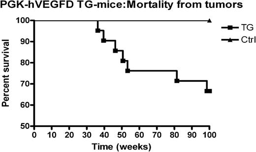 Figure 5. Kaplan-Mayer survival curve showing tumor mortality of hVEGF-D TG mice and TG-negative controls. This curve presents all hVEGF-D TG mice that died of cancer, regardless of their original background or generation. There were 2 high-expressing founders and 1 founder with lower level of expression. First 4 points represent mice that died of mammary gland tumor before the age of 1 year. The TG-negative controls had no tumors in any generation during the follow-up.