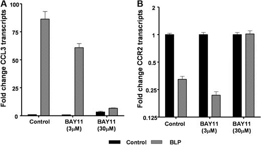 Figure 4. Chemokine receptor down-regulation and NF-κB. Macrophages from D6-deficient mice were either left untreated (■) or were stimulated with 100 ng/mL BLP () in the presence or absence of the NF-κB blocker BAY-11 at both 3 and 30 μmol/L for 4 hours and CCL3 (A) and CCR2 (B) transcription determined by qPCR.