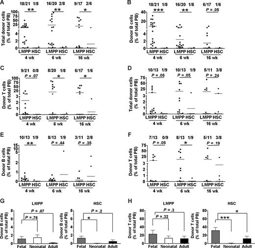 Figure 5. Fetal X-SCID recipients are more permissive to congenic HSC reconstitution of the T-cell lineage than postnatal and adult recipients. Neonatal (postnatal days 1-4) and young adult (4-6 weeks old) X-SCID mice were transplanted without any conditioning with 200 congenic LMPPs (LSK CD34+ FLT3hi) or 200 HSCs (LSK CD34− FLT3−). PB reconstitution analysis of total, B cells, and T cells was performed at 3 to 4, 6, and 16 weeks after transplantation. Shown are results from 4 neonatal (A-C) and 3 adult (D-F) transplantation experiments. Numbers above bars indicate frequencies of transplanted mice with more than 0.1% total reconstitution at each time point. Statistical significance in reconstitution levels between LMPP and HSC transplanted recipients was evaluated, comparing all recipients alive (positive and negative for reconstitution) at analysis time point. ***P < .001; **P < .005; *P < .05. (G,H) Donor contribution of 200 congenic LMPPs (left panel) and 200 HSCs (right panel) to (G) B-cell and (H) T-cell reconstitution analyzed at 16 weeks after transplantation in fetal (), neonatal (), and adult () recipients. Statistical differences comparing reconstitution levels in all transplanted and alive recipients are indicated above bars. ***P < .001; **P < .005; *P < .05.