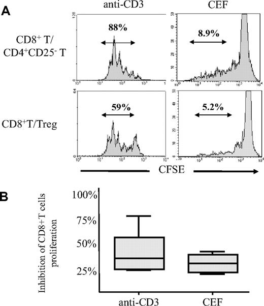 Figure 1. Treg cells inhibit anti-CD3 and CEF-induced proliferation of CD8+ T cells. (A) Representative histograms depicting the CFSE profile of CD8+ T cells from a healthy donor stimulated with coated anti-CD3 mAb for 5 days (left panel) or with CEF mix for 7 days (right panel), in the presence of CD4+CD25− T cells (top row) or Treg cells (bottom row). The percentage of CD8+ T cells that have divided after stimulation (CFSElow) is indicated. (B) Pooled data from 11 donors showing the percentage of inhibition of CD8+ T-cell proliferation after anti-CD3 or CEF stimulation in the presence of Treg cells in comparison with proliferation in the presence of CD4+CD25−. The mean values are depicted with horizontal lines.