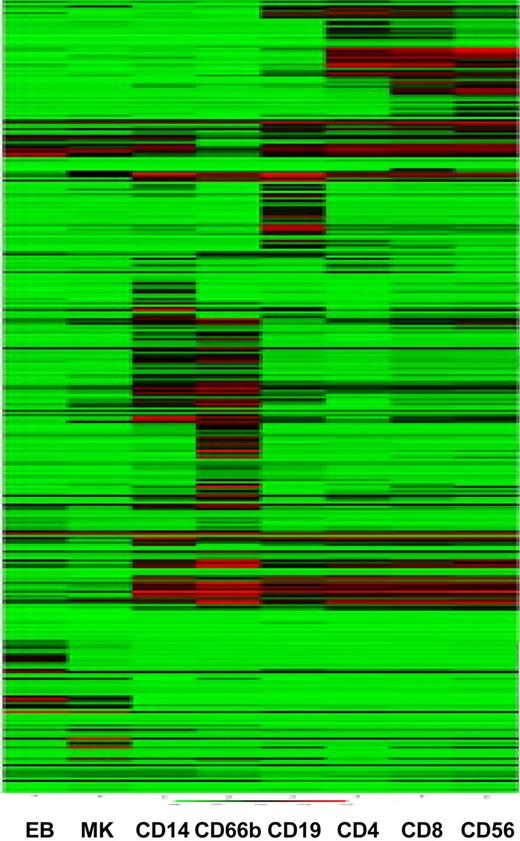 Figure 3. Clustering of samples on the basis of CD marker expression recapitulates cell ontogeny. Samples were clustered using the mean normalized intensity values for the 356 probes that map to CD markers.