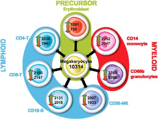 Figure 7. Identification of differentially expressed genes in MKs. For each cell type, we identified transcripts that were up- or down-regulated versus all other cell types as described. The outcome for MKs is shown.