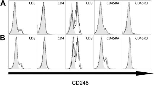 Figure 8. CD248 expression is restricted to CD8+CD45RA+ T cells. Flow cytometry with 4 different CD248 antibodies on lymphocytes from (A) peripheral blood and (B) tonsil. Lymphocytes were first gated on forward scatter and side scatter and then on the specific markers shown (CD3, CD4, CD8, CD45RO, CD45RA). All 4 CD248-specific monoclonal antibodies (B1 35.1, B1 473, 18 37.30, and B1 22.4) show that CD248 expression is restricted to CD8+CD45RA+ T cells. Nonfilled histograms represent anti-CD248; and gray-filled histograms, negative control.