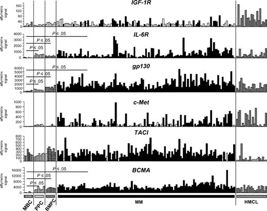 Figure 5. Gene expression profile of MGF receptors. Expression of IGF-1R, IL-6R, gp130, c-met, TACI, and BCMA genes were determined with Affymetrix human U133 Plus 2.0 in 6 memory B cells (MBCs), 7 normal PPCs, 7 normal BMPCs, MMCs of 123 patients with previously untreated MM, and 20 HMCLs. □ indicates that the gene had an absent Affymetrix call in the sample; , the MBC samples; , the PPC samples; ▤, the BMPC samples; ■, the MMC samples; and , the HMCLs.