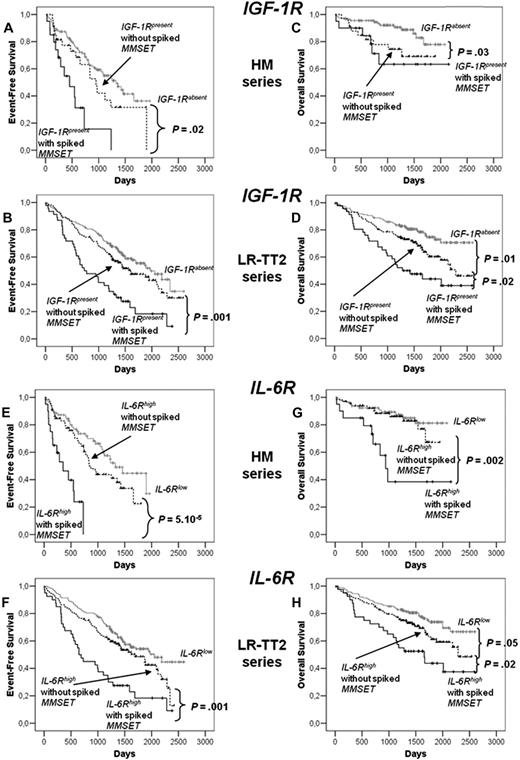 Figure 7. EFS and OS of patients with previously untreated MM with IGF-1Rabsent or IGF-1Rpresent with or without spiked MMSET MMCs and with IL-6Rlow and IL-6Rhigh with or without spiked MMSET MMCs. Spiked MMSET was determined with Affymetrix U133 microarrays in the patients from HM series and LR-TT2 series (Spiked MMSET expression surrogating t(4;14)). In HM series, 112 patients had IGF-1Rabsent MMCs, 33 IGF-1Rpresent without spiked MMSET MMCs and 20 IGF-1Rpresent with spiked MMSET MMCs. A total of 79 patients had IL-6Rlow MMCs, 65 IL-6Rhigh without spiked MMSET MMCs, and 20 IL-6Rhigh with spiked MMSET MMCs. In the LR-TT2 series, 170 patients had IGF-1Rabsent MMCs, 126 IGF-1Rpresent without spiked MMSET MMCs, and 46 IGF-1Rpresent with spiked MMSET MMCs. A total of 163 patients had IL-6Rlow MMCs, 132 IL-6Rhigh without spiked MMSET MMCs, and 40 IL-6Rhigh with spiked MMSET MMCs. EFS of IGF-1Rabsent MMCs and IGF-1Rpresent with or without spiked MMSET MMCs patients from the HM series (A) and from the LR-TT2 series (B). OS of IGF-1Rabsent MMCs and IGF-1Rpresent with or without spiked MMSET MMC patients from the HM series (C) and from the LR-TT2 series (D). The P value was determined with a log-rank test. EFS of IL-6Rlow MMC and IL-6Rhigh with or without spiked MMSET MMC patients from the HM series (E) and from the LR-TT2 series (F). OS IL-6Rlow MMC and IL-6Rhigh MMC with or without spiked MMSET patients from HM series (G) and from LR-TT2 series (H). The P value was determined with a log-rank test.