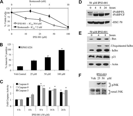 Figure 2. Cell death and molecular changes associated with IPSI-001. (A) WST-1 cytotoxicity assay in ANBL-6 cells treated for 18 hours with bortezomib or IPSI-001. The data shown are the mean plus or minus SD from 3 independent experiments. (B) Flow cytometric analysis was performed after annexin V staining in RPMI 8226 cells treated for 24 hours with the indicated concentrations of IPSI-001, with each experiment performed in duplicate. Error bars indicate SD. *P < .05 comparing treated cells over vehicle control. (C) Representative results from 2 independent experiments of a colorimetric activity assay for caspases in RPMI 8226 myeloma cell lysate (100 μg) treated for up to 24 hours with 50 μM IPSI-001. The data shown are the mean plus or minus SD from duplicate experiments. *P < .05 for fold caspase activity over baseline. (D) Western blot analysis for the late-stage apoptotic marker PARP, where the cleaved fragment (CF) represents apoptotic cells compared with the full-length (FL) PARP, which is present in healthy, nonapoptotic ANBL-6 cells. HSC-70 levels were used as a loading control. (E) Protein expression of Bax and IκBα in RPMI 8226 cells after incubation with 50 μM IPSI-001 for 24 hours. Actin levels were used as a loading control. (F) Protein expression of phosphorylated JNK (phospho-JNK) and total JNK in RPMI 8226 cells treated with 25 or 50 μM IPSI-001 for 24 hours.