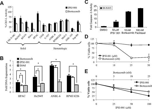 Figure 3. IPSI-001 preferentially inhibits the proteasome and induces death in lymphoid-derived cells. (A) The ChT-L activity was measured in vitro in solid tumor (SK-N-MC, Hs294T, BT474, HeLa, and HPAC; lanes 1-5) and hematologic cancer cells (CCRF-CEM, U-937, ANBL-6, RPMI 8226, MOLT-4, AML193, and SupB8; lanes 6-12) by exposing lysates to 50 μM IPSI-001 or 10 nM bortezomib for 15 minutes, followed by incubation with the specific ChT-L activity substrate. The data shown are the mean plus or minus SD from experiments performed in triplicate. (B) HPAC pancreatic adenocarcinoma cells, Hs294T melanoma cells, and ANBL-6 and RPMI 8226 human myeloma cells were exposed to vehicle, 10 nM bortezomib, 25 μM E64d, or 50 μM IPSI-001 for 24 hours. Apoptosis was evaluated using an enzyme-linked immunosorbent assay that detects apoptotic nuclear DNA fragmentation. Cell death was expressed as the fold increase in apoptosis over the vehicle control, which was arbitrarily set at 1.0. Representative data are shown from 3 independent experiments. *P < .05 comparing the inhibitors used. (C) Human SK-N-MC cells were treated for 24 hours with the indicated agents and then cell lysates (30 μg) were measured for caspase-3 activation using a fluorogenic substrate. Representative data are shown from 2 independent experiments, each performed in triplicate, as the mean plus or minus SD. (D) Human umbilical vein endothelial cells (HUVECs) were plated until they were 70% to 80% confluent, and then treated with increasing concentrations of IPSI (μM) or bortezomib (nM) for 24 hours, followed by evaluation by WST-1 for cell viability in triplicate. The data shown are the mean plus or minus SD from experiments performed in triplicate. (E) Human peripheral blood mononuclear cells (PBMCs) were plated and exposed to IPSI-001 and bortezomib. Viable cells were assayed 24 hours later using WST-1 reagent. *P < .05 for IPSI-001 treatment compared with bortezomib.