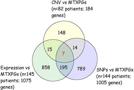 Figure 2. Seven genes overlap from the association analyses of MTXPG accumulation versus leukemia cell gene expression, leukemia cell single SNP CNV, and inherited SNP genotypes.