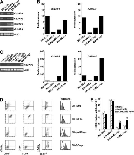 Figure 1. Identification of CD200R3 as a specific molecule for BM-DCregs. (A-C) The transcriptional expression of Cd200rs in BM-DCs (A,B) and leukocytes (C) was measured by RT-PCR (A,C) and real-time PCR (B). The results of RT-PCR for Actb demonstrate the loading of equal amounts of DNA on the gel (A,C). The expression of Cd200rs determined by real-time PCR was normalized to that of Actb, and the data are as the comparative fold increase compared with BM-mDCs (B). (D) The expression of cell surface molecules on BM-DCs was analyzed by flow cytometry, and data are represented by a dot plot and a histogram. Data are representative of 4 replicate experiments (A-D). (E) Rag2−/−KJ1-26+ T cells (5 × 104) were cultured with the indicated BM-DCs (5 × 103) in the presence or absence of anti-CD200R3 mAb or control Ig (each 5 μg/mL) for 3 days, and the proliferative response was measured. *P < .01 compared with each of the BM-DCs alone. Data are mean ± SEM, and the results are combined from 4 replicate experiments.