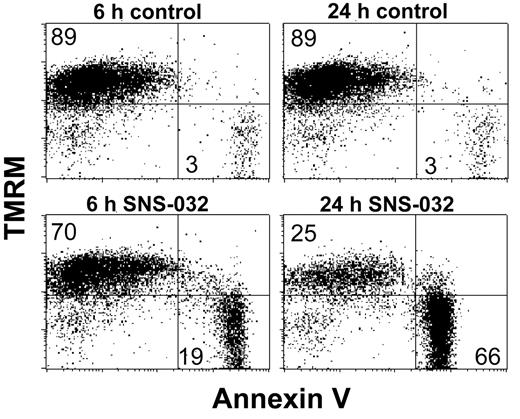 Figure 5. SNS-032 induced loss of mitochondrial membrane potential. CLL cells were incubated with 0.3 μM SNS-032 for 6 and 24 hours. Mitochondrial membrane potential and viability were measured by TMRM and annexin V–FITC double staining.