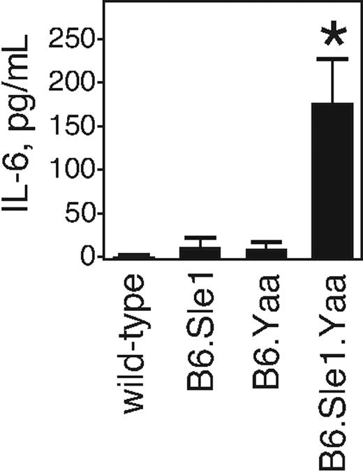 Figure 1. Serum IL-6 levels are elevated in B6.Sle1.Yaa mice. The serum IL-6 levels of wild-type, B6.Sle1, B6.Yaa, and B6.Sle1.Yaa mice at the ages of 20 to 26 weeks are shown. The serum was obtained by cardiac puncture, and the levels of IL-6 were determined by ELISA. Results from 5 mice from each animal strain are shown as picograms per milliliter (mean ± SD). *P < .006 compared with the wild-type, B6.Sle1, and B6.Yaa mice.