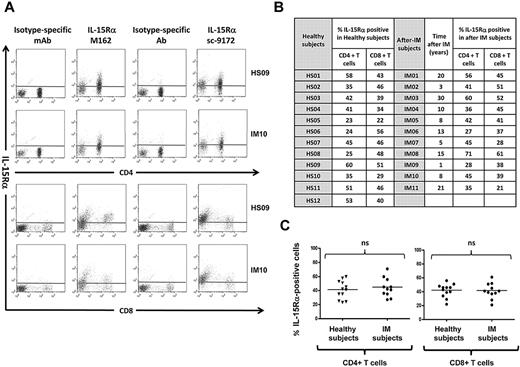 Figure 1. T cells from healthy subjects and from IM subjects express the 3 chains of the IL-15 receptor. (A) Expression of IL-15Rα on PBLs. Representative staining profiles for IL-15Rα expression on CD4+ and CD8+ T cells from 1 long-term post-IM subject (IM10) and 1 healthy subject (HS09). Analysis was restricted to the lymphocyte population (ie, excluding monocytes) by gating on cell size and 2 different antibodies (huIL-15R-M162 and sc-9172) were used to validate the staining. These results are representative of those obtained in experiments on 11 post-IM subjects studied between 1 and 20 years after diagnosis, and 12 healthy carriers. (B,C) Summary of IL-15Rα expression on CD4+ T and CD8+ T cells in the post-IM subjects and healthy subjects. (B) Table results are expressed as the percentage of IL-15Rα–positive cells, stained with the anti–IL-15Rα antibody sc-9172, in CD4+ T and CD8+ T populations from 11 post-IM subjects and 12 healthy subjects. (C) Scatterplots of IL-15Rα on CD4+ T cells (left panel) and CD8+ T cells (right panel). Horizontal lines represent the median value for each group. Statistical analysis was performed using the Student t test and shows no significant differences between CD4+ T cells or between CD8+ T populations. NS indicates not significant.