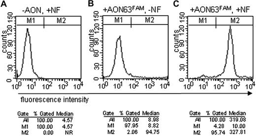 Figure 3. AONs enter the cells with high efficiency on nucleofection (NF). FACS analysis of 106 activated T cells from a normal control after NF with a FAM-labeled AON. Two gates, M1 and M2, were set to determine transfection efficiency (%) and median fluorescence of the cells. (A) No AON added, with nucleofection. (B) FAM-labeled AON added, without nucleofection. (C) FAM-labeled AON added with nucleofection. NR indicates not relevant.
