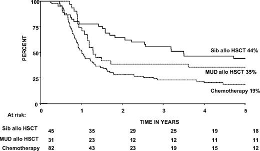 Figure 2. Kaplan-Meier plot of overall survival by treatment received. Patients who failed to achieve remission on protocol and chemotherapy-treated patients who relapsed or died within 12 weeks of the start of treatment (the scheduled time for transplantation) are excluded from the analysis.