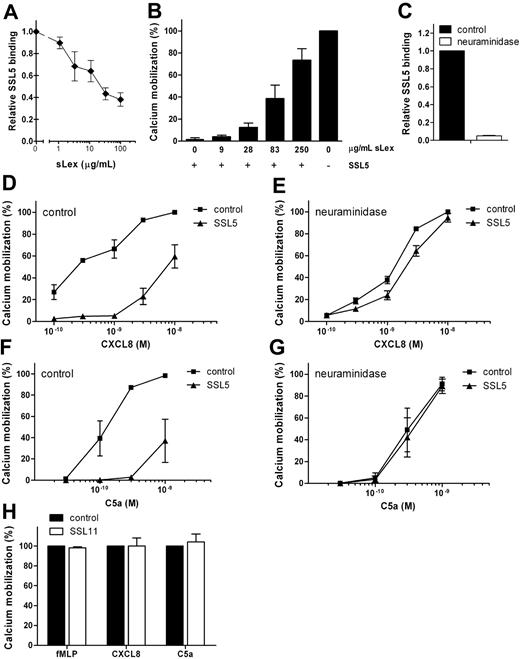 Figure 3. SSL5 inhibition of chemokine- and anaphylatoxin-induced cell activation depends on sLex at the cell surface. (A) Binding of 10 μg/mL SSL5-FITC, preincubated with different concentrations of sLex, to neutrophils. Results are expressed relative to buffer-treated SSL5-FITC. (B) Calcium mobilization in neutrophils induced by 0.1 nM CXCL8 after incubation of cells with (+) or without (−) 10 μg/mL SSL5 that was preloaded with different concentrations of sLex for 15 minutes. (C) SSL5-FITC binding to untreated (■) or neuraminidase-treated (□) neutrophils. Results are expressed relative to control-treated cells. (D-G) Untreated or neuraminidase-treated neutrophils were incubated with (▴) or without (■) 10 μg/mL SSL5 and stimulated with CXCL8 (D,E) or C5a (F,G). Cell activation was measured by calcium mobilization. (H) Neutrophils were incubated with (□) or without (■) 10 μg/mL SSL11 for 30 seconds. Calcium mobilization was measured on stimulation with 1 nM fMLP, 0.5 nM CXCL8, or 0.1 nM C5a. Results represent mean plus or minus SEM of 3 independent experiments.