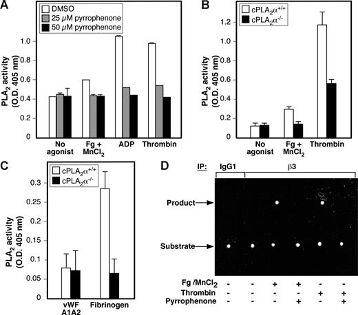 Figure 1. Fibrinogen binding to αIIbβ3 promotes activation of cPLA2α in platelets. (A-C) Values on the y-axis represent the average cPLA2α activity of each sample minus the baseline cPLA2α activity determined for reaction buffer alone. (A) Washed human platelets were preincubated with DMSO vehicle or with 25 or 50 μM of pyrrophenone before incubation at 37°C for 30 minutes in the presence or absence of the indicated agonists (300 μg/mL of fibrinogen (Fg) + 1 mM of MnCl2, 20 μM of ADP, or 1 U/mL of thrombin). cPLA2α activity in platelet lysates was measured as described in “Methods.” Data represent the mean plus or minus SEM of 2 independent experiments, each performed in triplicate. (B) cPLA2α activity was measured in platelet lysates from cPLA2α−/− and wild-type cPLA2α+/+ littermates. Platelets were treated while in suspension with saline (no agonist), 100 μg/mL fibrinogen + 1 mM MnCl2, or 1 U/mL of thrombin. Data represent mean plus or minus SEM of triplicate determinations carried out in individual mice (2 mice for each genetic background) on 2 separate occasions. (C) cPLA2α activity was measured in platelets from either wild-type or cPLA2α−/− mice. The assay was performed on lysates from platelets adherent to either recombinant murine VWF A1A2 domain or human fibrinogen. As a further control, platelets incubated on immobilized bovine serum albumin failed to adhere. Data represent mean plus or minus SEM of triplicate determinations carried out in individual mice (2 mice for each genetic background) on 2 separate occasions. (D) Lysates from human platelets treated with either 300 μg/mL of fibrinogen + 1 mM of MnCl2 or 1 U/mL of thrombin in the presence or absence of 50 μM of pyrrophenone were immunoprecipitated with anti-β3 SSA6 antibody or a nonimmune murine IgG1 control. Immunoprecipitates were incubated with 200 ng of the PLA2 substrate β-BODIPY FL C5-HPC for 3 hours at 37°C. The presence of αIIbβ3-associated PLA2 activity was monitored by thin layer chromatography detection of a cleaved product of β-BODIPY FL C5-HPC, an assay strictly qualitative in nature. This experiment was performed twice with identical results.