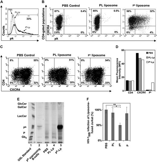 Figure 5. Susceptibility of Pk-liposome–fused Jurkat T cells to X4 HIV-1 infection. Jurkat T cells lacking Pk were incubated with Pk- or P-liposomes and cultured for 18 hours, where PBS or PL-liposome controls were used. Tricolor FACS analysis was performed and scatter plots of Jurkat labeled with anti–CD4 PerCP Cy5.5, anti-CXCR4-PE, and anti–Pk GAM-FITC (or GAM-APC) were analyzed, where background was compensated to isotype controls. (A) Histogram representing percentage of cell populations expressing Pk. (B) Scatter plots representing cell populations expressing Pk and CXCR4, and gated on CD4-positive populations. (Left) PBS-treated Jurkat. (Center) PL-liposome–fused Jurkat. (Right) Pk-liposome–fused Jurkat. (C) Scatter plots representing percentage of cell populations expressing CD4 and CXCR4. (Left) PBS-treated Jurkat. (Center) PL-liposome–fused Jurkat. (Right) Pk-liposome–fused Jurkat. (D) Surface expression levels of CD4, CXCR4, and Pk are represented as MFI. (E) TLC of total GSLs extracted from control and liposome fused Jurkat cells. Lane 1: GSL standards. Lane 2: Pk-expressing B-cell line control (Daudi). Lane 3: PBS-treated Jurkat control. Lane 4: PL-liposome control. Lane 5: Pk-liposome–fused Jurkat. (F) Infection with HIV-1IIIB (MOI, 0.3) and p24gag monitored at day 3 after infection (n = 3 or 4 infection data points). Percentage difference in infection was calculated based on PBS control infection levels, and data were pooled from 3 independent experiments to show significance between PL-liposome controls and Pk-liposomes (*P < .05, **P < .002). PBS indicates PBS control; PL or PL-Lp, phospholipid liposome control; Pk or Pk-Lp, Pk liposomes; P, P-liposomes.