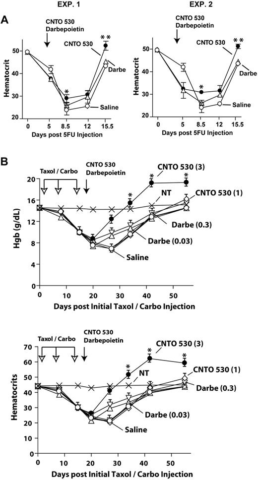 Figure 2. Efficient CNTO 530 lessening of the anemia induced by 5-fluorouracil or paclitaxel plus carboplatin. (A) Anemia was induced via single 5-FU injection (150 mg/kg). On day 4.5, CNTO 530 (0.3 μg/mouse gram-weight), darbepoietin-alfa (0.02 μg/mouse gram-weight), or saline then was administered. Hematocrits were determined at the indicated time points. Results for 2 independent experiments are shown (means ± SE, n = 4 for each experiment). **P ≤ .001; *P ≤ .024. (B) In Sprague-Dawley rats, anemia was induced via dosing on days 1, 8, and 15 with 10 mg/kg paclitaxel (pac) + 50 mg/kg carboplatin (carbo). On day 16, CNTO 530 or darbepoietin-alfa then was administered and effects on hemoglobin levels and hematocrits were determined over a 50-day interval. Dosing for CNTO 530 was at 1 μg and 3 μg/rat gram-weight, and for darbepoietin-alfa at 0.03 μg and 0.3 μg/rat gram-weight. Mean values ± SD are graphed (n = 8 for controls, for pac/carbo, for pac/carbo + CNTO 530, and for pac/carbo + darbepoietin-alfa). The untreated group is indicated as NT (not treated). Top and bottom panels illustrate representative effects on hemoglobin levels and hematocrits.