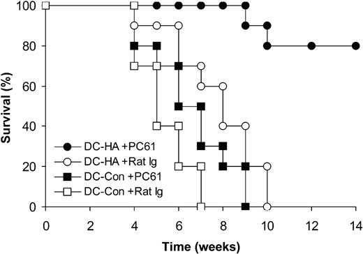 Figure 2. In vivo depletion of CD4+CD25+ TReg cells enhances the efficacy of posttransplantation DC vaccination in treating preestablished lymphoma. Syngeneic transplantation was set up as described in Figure 1A except that no transgenic HA-specific T cells were used. Seven days after transplantation, mice were treated with either 0.3 mg PC61 or the control rat Ig daily for 3 days. Fourteen days after transplantation, mice were vaccinated with mature DCs pulsed with either HA peptide (DC-HA) or a control peptide (DC-Con) and monitored for tumor-free survival. Data (n = 10) represent percentages of tumor-free survival over time from the transplantation (day 0).