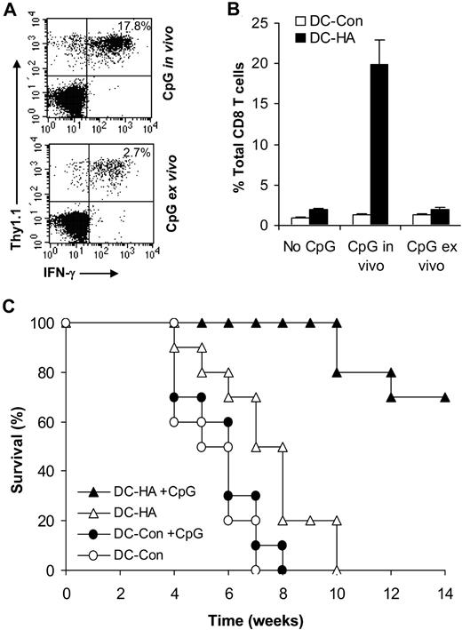 Figure 6. Administration of CpG in vivo enhances tumor-specific CD8+ T-cell response to posttransplantation DC vaccination. (A,B) Syngeneic transplantations were set up as described in Figure 1A. Fourteen days after transplantation, mice were vaccinated with either TNF-α–matured DC-HA or DC-Con with (CpG in vivo) or without (no CpG) coadministration of CpG in vivo. Some mice received DCs matured with CpG ex vivo followed by HA pulsing (CpG ex vivo). Seven days after vaccination, splenocytes were stained with anti-CD8, anti-Thy1.1, and anti–IFN-γ antibodies and subject to FACS analysis. The percentage of IFN-γ–secreting HA-specific T cells (Thy1.1+IFN-γ+) among total CD8+ T cells is indicated (A). The mean percentage (± SD; n = 4) of IFN-γ–secreting HA-specific T cells among total CD8+ T cells is indicated (B). (C) Tumor-free survival. Syngeneic transplantations were set up in the absence of transgenic T cells. Fourteen days after transplantation, mice were vaccinated with DC-HA or DC-Con with or without coadministration of CpG in vivo and monitored for tumor-free survival. Data (n = 10) represent percentages of tumor-free survival over time from the transplant (day 0). Representative results of 2 independent experiments are shown.