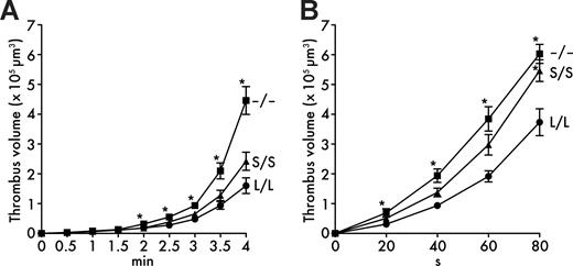 Figure 3. In vitro thrombogenesis on collagen surface under flow. (A) Thrombus formation at 1000 s−1. Whole blood from Adamts13L/L, Adamts13S/S, or Adamts13−/− mice containing mepacrine-labeled platelets was perfused over an acid-insoluble type I collagen–coated surface at a wall shear rate of 1000 s−1. The cumulative thrombus volume, analyzed using a multidimensional imaging system, was measured every 0.5 minutes until 4 minutes. Data are the mean ± SEM of 25 mice for each genotype. (B) Thrombus formation at 5000 s−1. Whole-blood samples from indicated mice were perfused over an acid-insoluble type I collagen–coated surface at a wall shear rate of 5000 s−1. The cumulative thrombus volume was measured every 20 seconds until 80 seconds. Blood from 2 mice was pooled and used for experiments. Data are the mean ± SEM of 15 samples for each genotype. *P < .05 in comparison with Adamts13L/L mice.