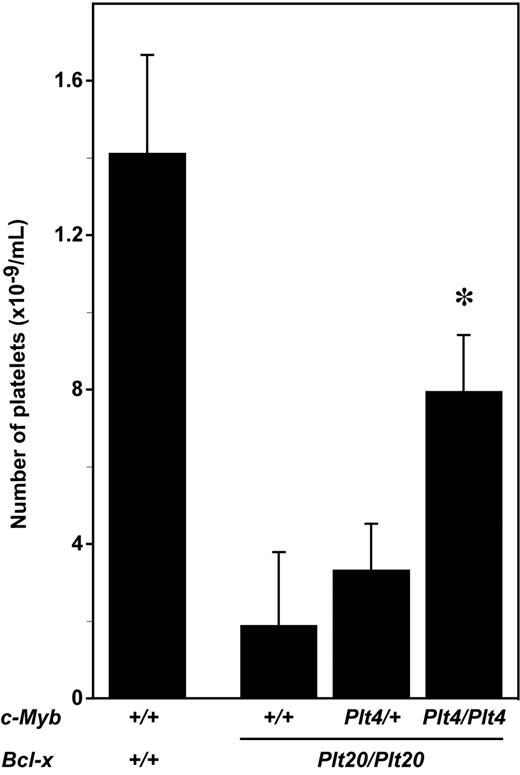 Figure 1. Mutation in c-Myb ameliorates thrombocytopenia in Bcl-x mutant mice. Platelet counts in wild-type mice (c-Myb+/+Bcl-x+/+) or mice homozygous for the Plt20 allele of Bcl-x (Plt20/Plt20) and wild-type (+/+), heterozygous (Plt4/+), or homozygous (Plt4/Plt4) for the c-MybPlt4 allele. The mean ± SD of platelet counts from 4 to 14 mice per genotype are shown. *P < .05 in Student t test for comparison of data from c-MybPlt4/Plt4 Bcl-xPlt20/Plt20 mice with that of c-Myb+/+ Bcl-x Plt20/Plt20 controls.