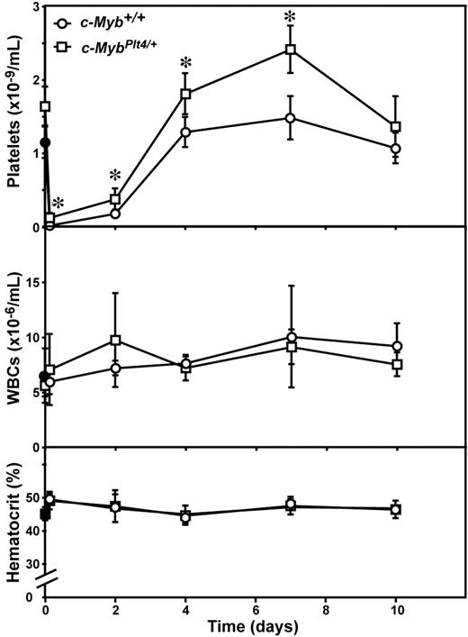 Figure 2. Enhanced platelet recovery in c-MybPlt4/+ mice after APS-induced thrombocytopenia. Platelet count (top panel), white blood cell count (middle panel), and hematocrit (bottom panel) in c-MybPlt4/+ (squares) or wild-type (c-Myb+/+, circles) control mice were determined after administration of APS. Data points represent the mean ± SD from separate cohorts of mice analyzed at the times indicated. *P < .05 in Student t test for comparison of data from c-MybPlt4/+ mice with that of c-Myb+/+ controls. n = 2 (filled symbols) or 3 to 7 mice (open symbols) per point.