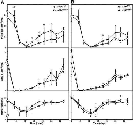 Figure 4. Recovery in c-MybPlt4/+ and p300Plt6/+ mice after bone marrow transplantation. Platelet count (top panel), white blood cell count (middle panel), and hematocrit (bottom panel) in (A) c-MybPlt4/+ (squares) or wild-type (c-Myb+/+, circles) mice, and (B) p300Plt6/+ (triangles) or wild-type (p300+/+, circles) mice were determined after whole body irradiation (11 Gy) and intravenous transfusion of 2 × 105 isogenic bone marrow cells. Data points represent the mean ± SD from separate cohorts of mice analyzed at the times indicated. *P < .05 in Student t test for comparison of data from c-MybPlt4/+ mice with that of c-Myb+/+ controls, or p300Plt6/+ mice with that of p300+/+ controls. n = 2 (closed symbols) or 3 to 8 mice (open symbols) per point.