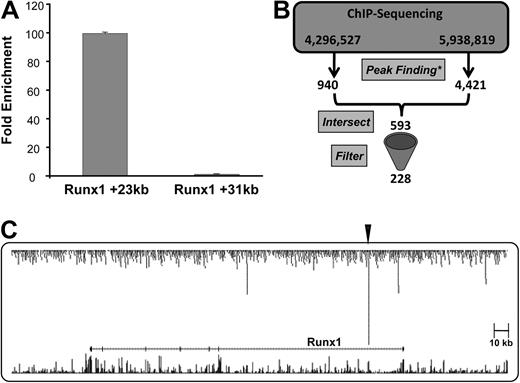 Figure 1. ChIP-Seq analysis recovers known Scl-binding events. (A) Real-time PCR analysis of ChIP assays in HPC-7 cells performed with Scl antibody. Levels of enrichment were normalized to IgG and compared with a negative control region (Runx1 +31kb). (B) Schematic diagram of the intersection and filtering of the ChIP-Seq data (* relevant peak-finding software, either Findpeaks 3.1 or Illumina BeadStudio). (C) Representation of combined ChIP-Seq sequencing reads (raw data) across the Runx1 locus, showing significant binding of Scl at the +23kb region, highlighted by the arrowhead. Sequencing reads are displayed as a custom track on the UCSC genome browser together with the UCSC known genes and vertebrate multiz alignment and conservation tracks.