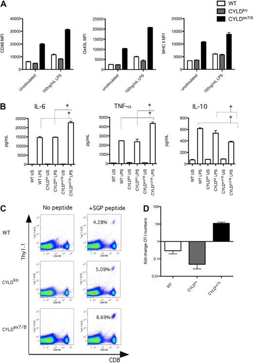 Figure 1. sCYLD confers a stimulatory phenotype in BMDCs that leads to T-cell expansion and suppression of tolerance upon α-DEC-205:OVA administration. (A) BMDCs from WT, CYLDko, and CYLDex7/8 mice were differentiated with GM-CSF for 6 days in culture and stimulated (100 ng/mL LPS, 12 hours) and submitted to fluorescence-activated cell sorting (FACS) analysis of the CD11c+ population and cell surface expression of CD86, MHC II, and Ox40L. Mean fluorescence intensity (MFI) values of indicated cell surface expression markers are representative of more than 10 BMDCs preparations with triplicates and SEM shown as error bars. (B) Supernatants from stimulated BMDCs cultures measured for IL-10, TNF-α, and IL-6 cytokines with Becton Dickinson CBA Flex Set System. *P < .05 using t test for WT compared with CYLDex7/8 and for CYLDko compared with CYLDex7/8 stimulated BMDCs. Values shown are means of triplicates with SEMs. (C) Day 3 analysis of blood T-cell expansion of adoptively transferred TCR tg (St42) donor splenocytes into WT recipient mice immunized with day 6–differentiated and LPS-stimulated WT, CYLDko, or CYLDex7/8 BMDCs SGP peptide loaded and injected intraperitoneally to recipient WT mice. Percentages indicate Thy1.1+ CD8+ cells. Values are representative of more than 4 mice per group and repeated 3 times. (D) Fold change in OT-I T-cell numbers compared with PBS control in the spleen of recipient mice adoptively transferred with OT-I cells, given 20 μg DEC-205:OVA intra footpad and challenged with 50 μg OVA protein in CFA subcutaneously. Cell detection was analyzed by FACS using CD45.1 and CD8 antibodies to detect OT-I CD45.1 cells gated on CD8. Values represent more than 4 mice per group, with mean values and SEMs.