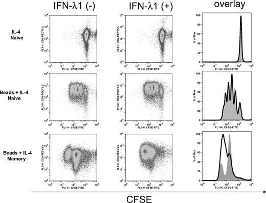 Figure 6. IFN-λ1 does not affect T-cell proliferation. Naive and memory CD4+ T cells were labeled with CFSE and cultured under Th2 (anti-CD2/3/28 beads + 10 ng/mL IL-4) or control (10 ng/mL IL-4) conditions for 6 days in the absence (left) or presence (middle) of IFN-λ1. The cells were stained with PECy5.5-labeled anti-CD4 antibody and analyzed by flow cytometry to assess cell division. Histogram overlays (right) compare CFSE staining in IFN-λ1–treated (bold line) to untreated (gray filled) cells. One representative experiment of 3 is shown.