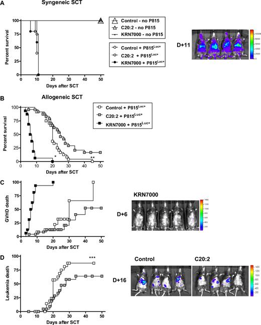 Figure 1. Differential effects of KRN7000 and C20:2 on GVHD and GVL. (A) Irradiated B6D2F1 mice received whole spleen from G-CSF–mobilized syngeneic donors, followed by control diluent, C20:2, or KRN7000 IP on days +1 and +4. Cohorts of mice received leukemic challenge with P815Luc+ or no challenge (control + P815Luc+, n = 8; C20:2 + P815Luc+, n = 5; KRN7000 + P815Luc+, n = 5; no leukemic challenge, n = 4-6). Overall survival by Kaplan-Meier analysis. Images are representative biphotonic bioluminescence images captured using the Xenogen system. Color scale represents signal intensity code (photons/s/cm2/sr). (B) Irradiated B6D2F1 mice received whole spleen from G-CSF–mobilized B6 allogeneic donors plus P815Luc+, followed by control diluent, C20:2, or KRN7000 on days +1 and +4 (control and C20:2, n = 24 per group; KRN7000, n = 16). Overall survival by Kaplan-Meier analysis; combined data from 3 identical experiments. *P < .001 KRN7000 vs control or C20:2. **P = .02 control vs C20:2. (C) GVHD mortality by Kaplan-Meier analysis for the experiments in panel B. (D) Leukemic mortality by Kaplan-Meier analysis for the experiments in panel B. ***P = .0379 (control vs C20:2).