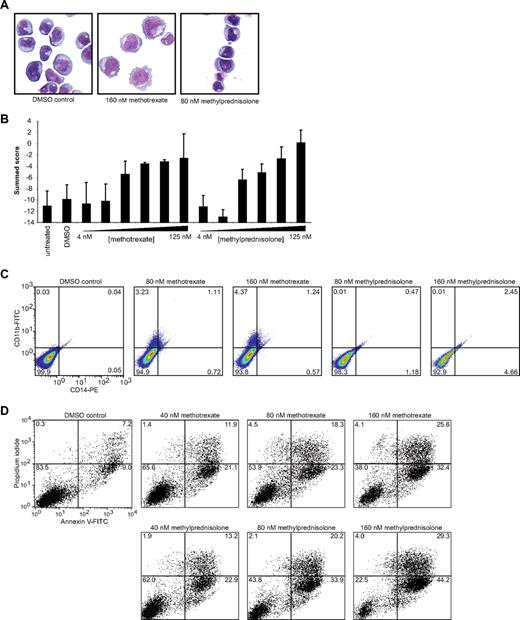 Figure 3. Hit compounds induce myeloid differentiation and apoptosis. (A) May-Grunwald Giemsa staining of Kasumi-1 cells treated with DMSO, 160 nM methotrexate, or 80 nM methylprednisolone for 72 hours viewed under 1000× magnification. Both methotrexate and methylprednisolone induced visual evidence of myeloid differentiation. (B) Induction of myeloid differentiation signature in Kasumi-1 cells after 72 hours of treatment with indicated concentrations of methotrexate or methylprednisolone. Each condition was evaluated in replicates of 7 for hits and 14 for DMSO and untreated cells. (C) CD11b/CD14 cell-surface staining of Kasumi-1 cells at 72 hours. Treatment with methotrexate induced CD11b up-regulation and a small population of CD11b/CD14 double-positive cells. Methylprednisolone (160 nM) induced minimal up-regulation of CD14 and double-positive cells. (D) Annexin V/propidium iodide staining of Kasumi-1 cells after 72 hours of treatment with 40 to 160 nM methotrexate or methylprednisolone. Both compounds increased annexin V cell-surface staining in a dose-responsive manner.