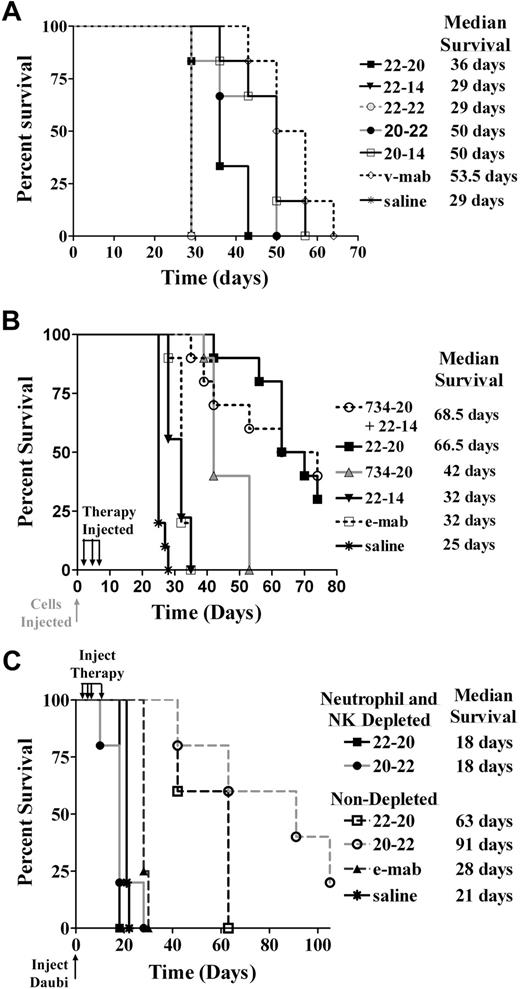 Figure 7. Survival curves showing therapeutic efficacy of 22-20 and 20-22 in a disseminated Burkitt lymphoma xenograft model. Female C.B. 17 SCID mice were administered 1.5 × 107 Daudi cells intravenously on day 0. (A) Therapy began on day 1 with groups of 6 mice receiving a single intraperitoneal injection (10 pmol) of 22-20, 20-22, v-mab, 22-22, 22-14, 20-14, or saline. (B) Groups of 10 mice were administered 10-μg doses of 22-20, 734-20, 22-14, or 10 μg of both 734-20 and 22-14 on days 1, 4, and 7. Additional groups received 4 μg of e-mab or saline. (C) Groups of 5 NK-cell/neutrophil-depleted or -nondepleted mice were administered intravenous injections of 230 μg of either 22-20 or 20-22 on days 1, 3, 5, and 9. Saline or 100 μg e-mab was administered to nondepleted mice.