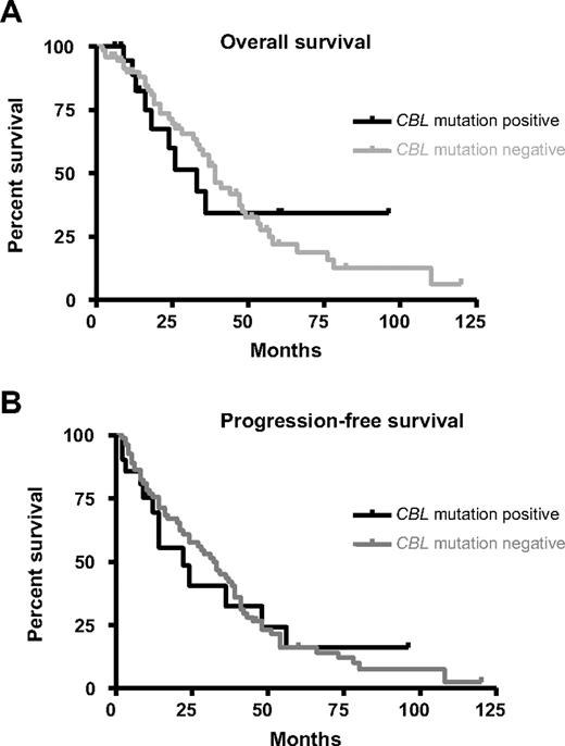 Figure 6. Clinical significance of CBL mutations. Overall survival (A) and progression-free survival (B) for atypical chronic myeloid leukemia (aCML), chronic myelomonocytic leukemia (CMML), and MF cases with (n = 19) or without (n = 87) CBL mutations. The differences between mutation positive and negative cases was not significant as determined by Kaplan-Meier analysis.