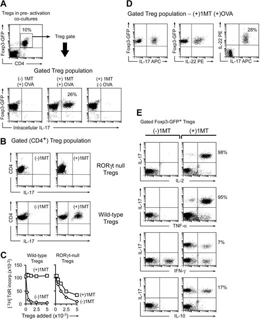Figure 2. In the absence of IDO, activated T cells drive conversion of Tregs to a TH17-like phenotype. (A) Sorted CD4+GFP+ Tregs from Foxp3GFP knockin mice were activated in cocultures with pDCs and OT-I as in Figure 1, with or without OVA and 1MT as indicated. After 2 days, cocultures were stained for intracellular IL-17 after a 4-hour stimulation with phorbol myristate acetate/ionomycin plus brefeldin A. The top dot plot represents an example of a representative gate for the Foxp3GFP-positive CD4+ Tregs. The bottom plots represent the gated Treg population in each treatment group. (B) Tregs (CD4+CD25+) were sorted from homozygous-null Rorγt gfp/gfp mice lacking functional RORγt, or from WT controls, and activated in cocultures with and without 1MT as shown. After 2 days, cultures were stained for CD4 to identify Tregs versus IL-17. (The only CD4+ cells in cocultures were the original sorted Tregs.) (C) Tregs from Rorγt-null mice, or control wild-type Tregs, were activated in cocultures for 2 days, with (□) or without (◊) 1MT. Tregs were sorted and functional suppressor activity measured against A1 T-cell readout as in Figure 1. (D) Foxp3GFP Tregs were sorted and activated in cocultures with 1MT and OVA. Plots represent 4-color staining from a representative sample, gated on GFP+CD4+. (E) Foxp3GFP Tregs were activated as in panel A and stained for IL-17 versus the cytokines shown. Plots represent the gated CD4+GFP+ cells. Experiments were repeated 3 to 12 times with similar results.