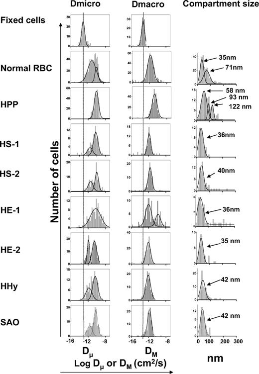 Figure 5. Distributions of the logarithms of the microscopic (Dμ) and macroscopic (DM) diffusion coefficients, and the compartment sizes determined by analysis of individual trajectories of labeled band 3 molecules on intact fixed normal, unfixed normal, HE, HPP, HHy, SAO, and HS erythrocytes.