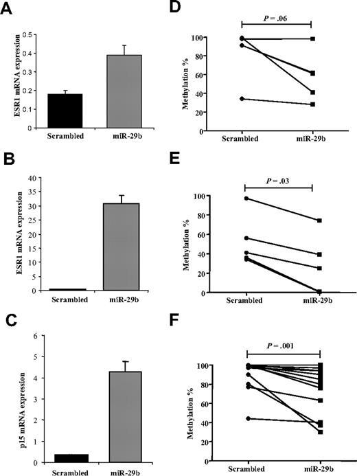 Figure 6. Pre-miR-29b restores expression of hypermethylated ESR1 and p15INK4b in the MV4-11 cell line. (A) Quan-titative RT-PCR for ESR1 in K562 and MV4-11 cells (B), and p15INK4b (C) after 72 hours of nucleoporation with pre-miR-29b or scrambled oligonucleotides. Histograms represent mean values with SD. (D) Scatter plots of the quantitative DNA methylation data of ESR1 promoter regions in K562 (D) and MV4-11 cells (E) after nucleoporation with pre-miR-29b (■) or a scrambled oligonucleotide (●) obtained using the MassArray system.15 The lines connecting the dots indicate the corresponding CpG pairs. (F) Scatter plots of the quantitative DNA methylation data of p15INK4b in MV4-11 cells after nucleoporation with pre-miR-29b (■) or a scrambled oligonucleotide (●). Each dot represents a single CpG or a group of CpGs analyzed. The lines connecting the dots indicate the corresponding CpG pairs. The scatter plots were created using GraphPad Prism, version 5.00 for Windows (GraphPad Software, San Diego, CA). The P values were obtained comparing the CpG methylation levels between scrambled and pre–miR-29b–transfected cells using paired Wilcoxon signed-rank test. Error bars indicate SD.