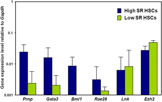 Figure 3. Prnp, Gata3, and Bmi1 transcripts are differentially expressed by E-SLAM and CD45+EPCR+CD48−CD150− adult BM cells. Quantitative real-time PCR analyses of transcript levels in extracts of 300 to 400 E-SLAM cells (blue bars) or CD45+EPCR+CD48−CD150− cells (green bars). All values are normalized to Gapdh transcript levels. Values shown are the mean ± SEM of values obtained in 3 to 6 independent experiments, with each measurement being derived from triplicate assays. Results for Prnp, Gata3, and Bmi1 in the 2 fractions are significantly different (P < .05).