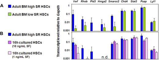 Figure 5. Elevated VWF, Rhob, and Pld3 expression is consistently associated with HSCs possessing durable self-renewal potential. (A,B) Quantitative real-time PCR analyses of transcript levels from adult BM E-SLAM cells (blue bars) compared with CD45+EPCR+CD48−CD150− cells (A, green bars) and E-SLAM cells cultured in 20 ng/mL of IL-11 supplemented with 10 ng/mL SF (B, dark purple bars) or 1 ng/mL SF (B, light purple bars). All values are normalized to Gapdh. Values shown are the mean ± SEM of values obtained in 3 to 6 independent experiments, with each measurement being derived from triplicate assays. N.D. indicates not done.