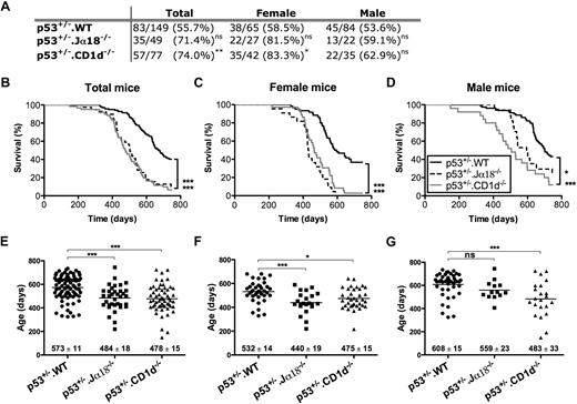 Figure 1. Tumor onset is accelerated in p53+/− mice lacking CD1d-restricted NKT cells. (A) Groups of p53+/− (C57BL/6 WT, CD1d−/−, and Jα18−/−) mice were aged, and the incidence of tumors (verified by histology as the proportion of the whole starting cohort with tumor) was determined after 750 days. (*P < .05; **P < .01; ns, not significant, using a Fisher exact test compared with B6 p53+/− control mice.) Survival curves depict the survival of p53+/− BL/6, p53+/−CD1d−/−, and p53+/−Jα18−/− mice (excluding the small number of those dying of unknown causes) monitored for 750 days (B). Panels (C: female) and (D: male) show survival curves of the same mice, divided on the basis of sex. Data are presented as percentage of survival over time. (*P < .05; ***P < .001, using a log-rank test compared with B6 p53+/− control mice.) The age at death of tumor burdened total (E), female (F), and male (G) mice is represented in scatterplots showing mean plus or minus SEM. Cohort sample sizes: n = 139 B6 p53+/− mice (n = 60 female and n = 79 male), n = 39 p53+/−Jα18−/− mice (n = 22 female and n = 17 male), n = 61 p53+/−CD1d−/− mice (n = 36 female and n = 25 male). (*P < .05; ***P < .001 using a Kruskal-Wallis test compared with B6 p53+/− control mice.)