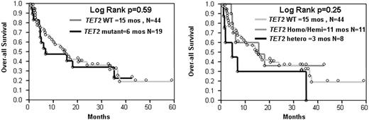 Figure 5. Survival of TET2-mutated and WT patients with myeloid malignancies. Each dot represents 1 patient.