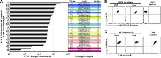 Figure 1. Identification of HIV-specific CD8+ T-cell clones with distinct antigen sensitivities. (A) Half-maximal effective concentrations (EC50) of HLA B*2705-restricted KK10-specific CD8+ T-cell clones were determined in standard chromium release assays using peptide titrations and a common antigen-presenting HLA B*2705+ B-cell line. The tested CD8+ T-cell clones are classified according to increasing antigen sensitivity from bottom to top. TCRBV usage, CDR3 amino acid sequence, and TCRBJ usage are shown for each clone (ND, not done). Same colors indicate identical clonotypes. The clone reference is indicated on the y-axis (the code last letter corresponds to the patient from which the clone was obtained: A and F for patient 1, B and G for patient 2, and C and H for patient 3). (B) Representative flow cytometric data showing combined αCD8 mAb and KK10/HLA B*2705 tetramer staining of KK10-specific CD8+ T-cell clones with higher or lower levels of antigen sensitivity; staining of a HLA A*0201-restricted CMV pp65-specific clone is shown for comparison. (C) Representative intracellular stainings for perforin and granzyme B in the same CD8+ T-cell clones.