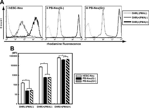 Figure 4. Superoxide production of hESC-Neu's assessed by dihydrorhodamine123 oxidation. (A) Dihydrorhodamine123 (DHR) was reacted to neutrophils with or without phorbol myristate acetate (PMA), and the resultant rhodamine fluorescence was detected by flow cytometry. When DHR was added to the reaction medium without PMA (line), the fluorescence levels were slightly elevated in hESC-Neu's (i), PB-Neu(G−)'s (ii), and PB-Neu(G+)'s (iii). The addition of PMA dramatically increased the levels of fluorescence in all 3 neutrophil preparations (bold line). The figures are representative of 3 independent experiments. (B) Comparison of superoxide production between hESC-Neu's and PB-Neu's using mean fluorescence intensity (MFI) of rhodamine. When DHR was added without PMA stimulation, rhodamine-specific fluorescence was detected in hESC-Neu's, PB-Neu(G−)'s, and PB-Neu(G+)'s. PMA stimulation increased rhodamine MFI in hESC-Neu's though to a lesser extent than in PB-Neu(G−)'s and PB-Neu(G+)'s. Consequently, rhodamine MFI after PMA stimulation was similar in hESC-Neu's, PB-Neu(G−)'s, and PB-Neu(G+)'s, suggesting that the maximum superoxide production was comparable between hESC-Neu's and PB-Neu's (n = 3; bars represent SDs; *P < .05 compared with hESC-Neu's).