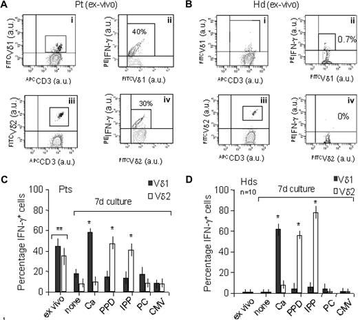 Figure 1. Ex vivo γδ T cells from HIV-1–infected patients express IFN-γ: response to microbial antigen stimulation. PBMCs from HIV-1–infected Pts (A: 1 representative Pt; n = 30 Vδ1 and n = 4 Vδ2 in C) or Hds (B: 1 representative Hd; n = 10 in D) were surface stained with the APC–anti-CD3 (Ai-Aiv, Bi-Biv) the FITC-conjugated A13 or BB3 mAbs to identify Vδ1 (Ai-ii, Bi-ii) or Vδ2 (Aiii-iv, Biii-iv) T cells and cytoplasmically stained with PE-anti–IFN-γ (performed immediately after isolation, Ai-Aiv and Bi-Biv, and ex vivo in C and D) or after 7 days of culture with IPP, PPD, CMV, PC, or Ca and rIL-2 was added on day 4 (C,D). (C,D) None indicates PBMCs cultured in the absence of antigens. Samples were analyzed by FACSCanto flow cytometer (Becton Dickinson). Results are expressed as mean far red (APC) fluorescence intensity (x-axis, arbitrary units, au) versus mean green (FITC) fluorescence intensity (y-axis, au; Ai, Aiii and Bi, Biii) or as mean green (FITC) fluorescence intensity (x-axis, au) versus mean red (PE) fluorescence intensity (y-axis, au; Aii, Aiv and Bii, Biv). In the top right quadrant of contour plots in Aii, Aiv, Bii, and Biv, the percentage of IFN-γ+ cells among Vδ1 or Vδ2 T cells, gated as shown in Ai, Bi or Aiii, Biii, respectively, is indicated. (C,D) Percentage of IFN-γ+ Vδ1 (■) or Vδ2 (□) on PBMC from Pts (C) or Hds (D) before and after culture with the indicated antigens; mean ± SD from 30 Pts (n = 30 Vδ1 and n = 4 Vδ2) and 10 Hds: *P < .01 versus ex vivo or versus none. (C) **P < .01 versus Hds.